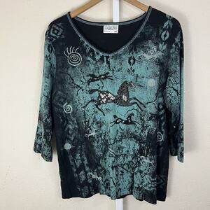 Y2K Cactus Bay Women XXL 3/4 Sleeve Graphic Tee Horse Wild West Rhinestones USA